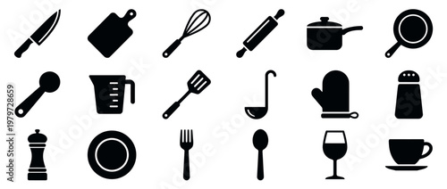 Various black kitchen utensils and cooking icons are neatly arranged in a grid pattern, presented as simple graphic symbols