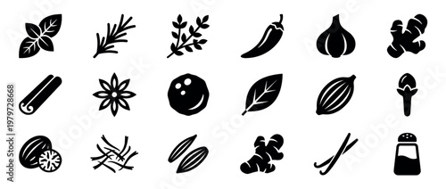 Various black silhouette spice and herb icons are neatly arranged in a grid pattern, showcasing common cooking ingredients