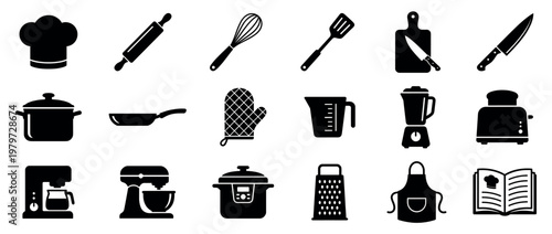 Various black kitchen utensils and cooking appliances are neatly arranged in a grid pattern, creating a clean graphic illustration