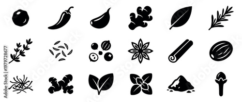 Collection of various black silhouette spices and herbs, including ginger, chili, and bay leaf, arranged neatly