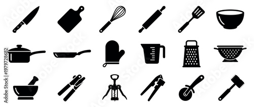 Comprehensive collection of black silhouette kitchen utensils and cooking tools, neatly arranged in a grid pattern