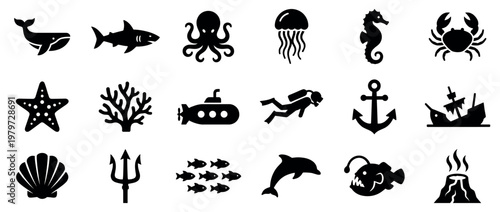 Collection of black silhouette icons representing various marine life, underwater objects, and ocean-related elements