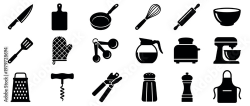 Comprehensive collection of various black kitchen utensils and cooking equipment icons, presented in a clean, graphic style