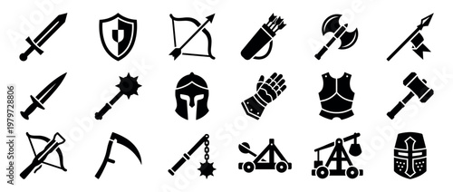Various black silhouette medieval weapons and armor icons are neatly arranged in a grid pattern, showcasing ancient warfare tools