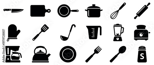 Comprehensive collection of black kitchen utensil icons and cooking appliances arranged neatly in a grid pattern