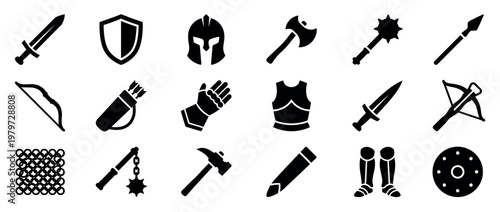 Collection of black silhouette medieval weapons and armor icons, including swords, shields, helmets, and bows, presented in a clean, graphic style