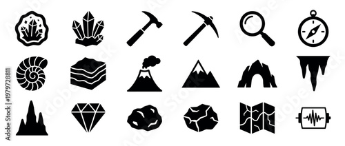 Collection of black geology and paleontology icons featuring crystals, tools, mountains, and fossils, presented in a clean, graphic style
