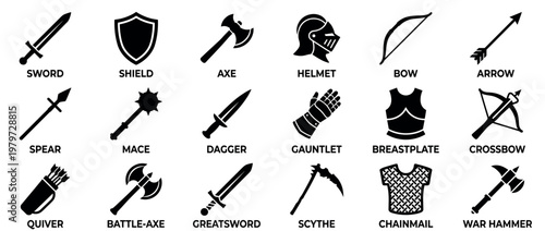 Comprehensive collection of medieval weapon and armor icons, presented as a clean, bold black silhouette illustration