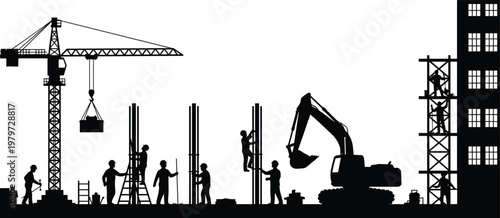 Black silhouette of construction site with workers, crane, excavator, and building structure isolated on white background for industrial, engineering, architecture, and development project concepts.