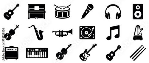 Comprehensive collection of various musical instrument and audio equipment icons presented in a clean, bold black silhouette style