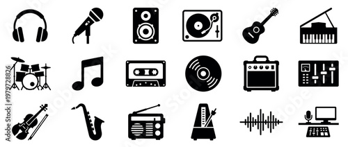 Comprehensive collection of black silhouette music and audio icons, including instruments, recording equipment, and sound symbols