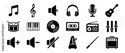 Collection of black silhouette music and audio icons, including notes, instruments, and sound controls, presented in a clean, graphic style
