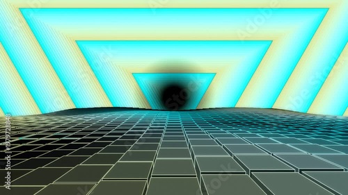 3D Neon Cube Corridor Background with a triangular pattern,yellow and blue, for videotrons, advertising, gaming, virtual environments, music, digital signage, virtual reality, live events, meetings,