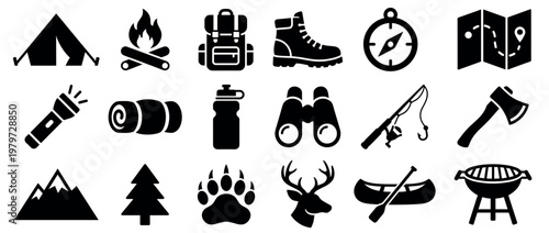 Collection of black silhouette camping and outdoor adventure icons, including a tent, campfire, backpack, and map