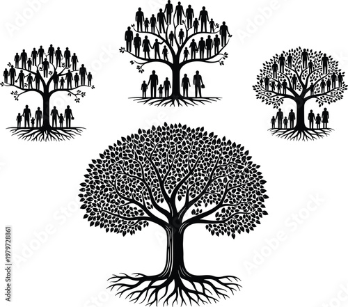 Black silhouette of a family tree with people and roots icon set isolated on white background for genealogy, ancestry, community, and social connection concepts.