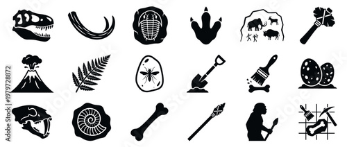 Collection of black and white prehistoric and archaeological icons, including dinosaur skulls, fossils, tools, and cave paintings, presented in a clean, graphic style