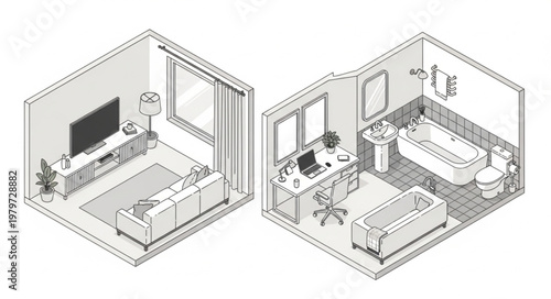 Isometric view of modern apartment rooms with furniture and decor.