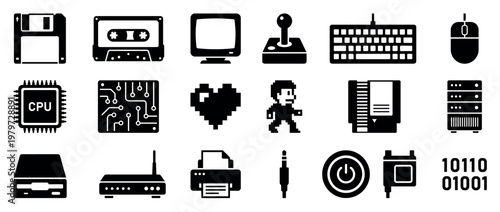 Collection of black retro technology and computer icons, including a floppy disk, cassette, monitor, and joystick