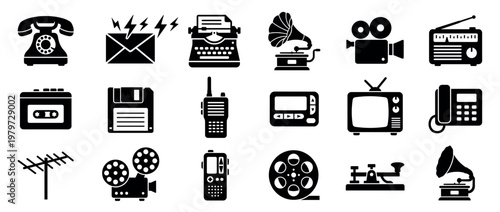 Collection of various black communication and media technology icons, including phones, radios, and cameras, presented in a clean graphic style