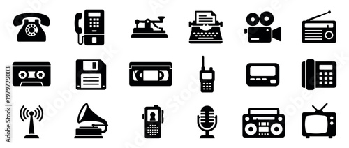 Collection of black silhouette communication and media icons, including phones, radio, camera, and storage devices