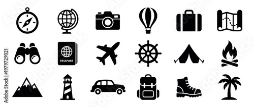 Comprehensive collection of black travel and adventure icons, including a compass, globe, camera, and hot air balloon