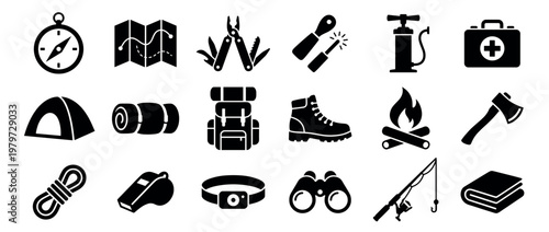 Comprehensive collection of black silhouette camping and hiking icons, including a compass, map, tent, and campfire, presented in a clean, modern style