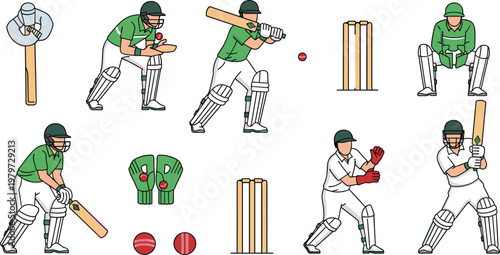 Professional Cricket Players Vector Set Featuring Diverse Batting Fielding and Wicketkeeping Positions with Sports Equipment Isolated on White Background for Athletic Designs