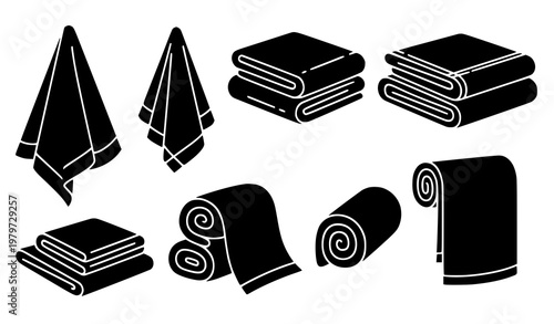 Kitchen towel icon set vector rolled and folded textile silhouette isolated on white