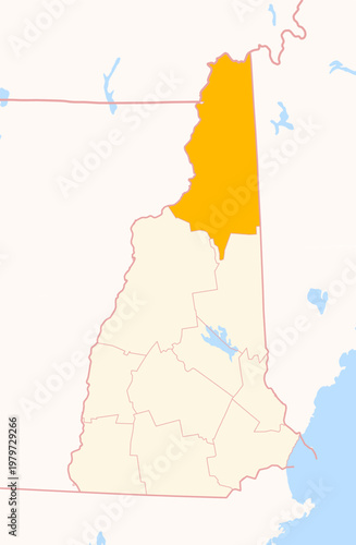 Map of the County Coos (New Hampshire, US) showing the Federal State with the highlighted County