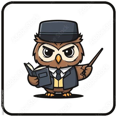 Cartoon owl in business attire standing.