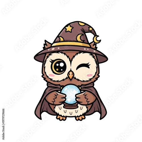 Cartoon owl wearing wizard hat.