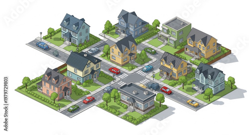 Isometric View of Suburban Neighborhood with Houses and Streets.