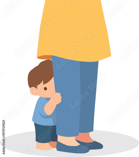 Child hiding behind mother leg feeling safe minimal flat illustration
