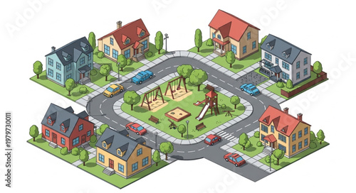 Isometric View of Suburban Neighborhood.