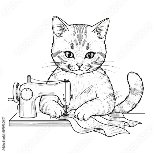 Cat sitting at a sewing machine.