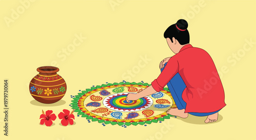 A person creating a colorful traditional rangoli design on the floor with a decorative pot and hibiscus flowers beside them.