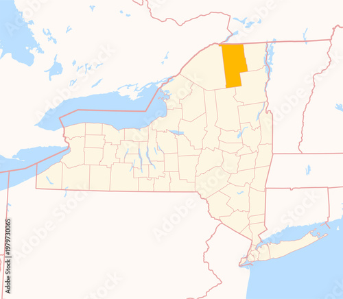 Map of the County Franklin (New York, US) showing the Federal State with the highlighted County