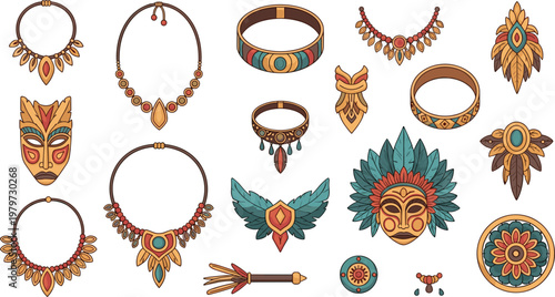Tribal Jewelry And Ethnic Accessory Vector Set Featuring Native Masks Beaded Necklaces Feathers Bangle Bracelets And Ornaments For Cultural Heritage Boho Style And Craft Graphic Designs
