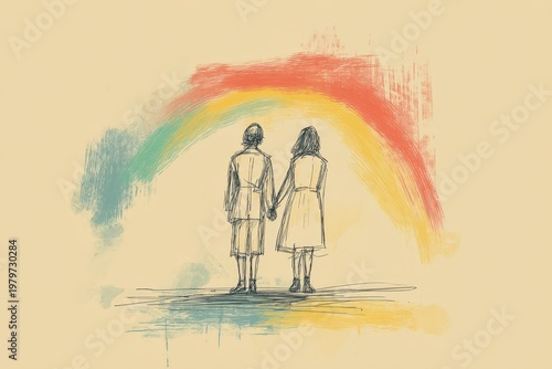 a sketch of two people holding hands in front of a rainbow background