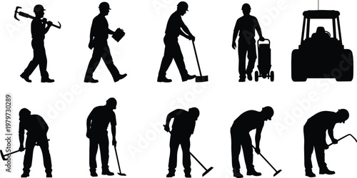 Construction worker silhouettes set featuring laborers with tools, helmets, and heavy machinery equipment isolated on white background for industrial building and civil engineering projects.