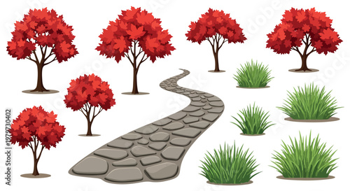 Cartoon game environment assets, 2D platformer level design elements, colorful bushes and stone path tiles, mobile game map construction kit