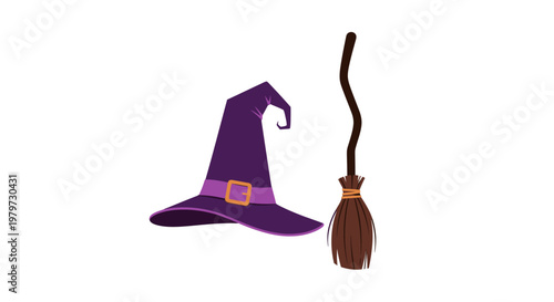 Purple witch hat and broomstick.