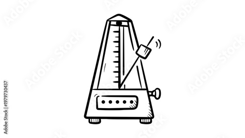 Minimalist metronome vector icon, a hand-drawn black line illustration on a white background representing a classic pendulum device for music tempo and rhythm, clean outline, scalable graphic.