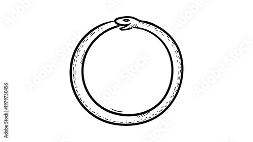 Ouroboros minimalist black line vector icon on a white background, hand-drawn illustration of a snake eating its own tail, ancient symbol of infinity, cycle of life, death and rebirth, scalable.