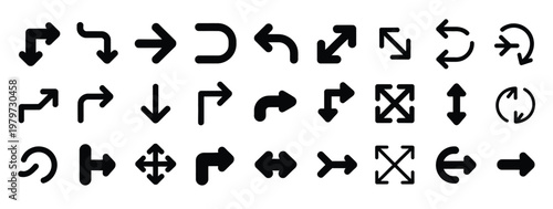 Collection of diverse black arrow icons for navigation, direction, and UI design elements