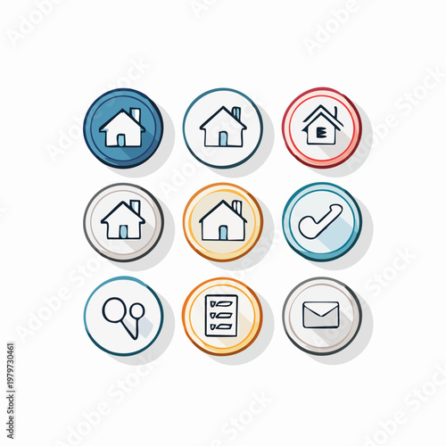 Collection of nine circular icons representing home and communication.