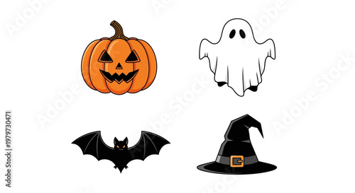 Halloween icons pumpkin ghost bat hat.