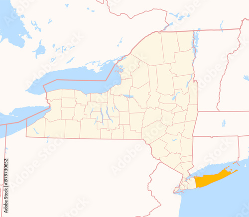 Map of the County Suffolk (New York, US) showing the Federal State with the highlighted County