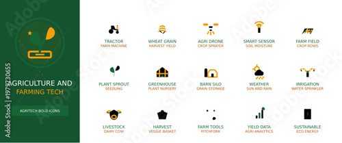 AgriTech Flat Icon Set for Smart Agriculture and Sustainable Farming Systems