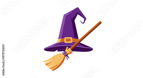 Purple witch hat with broomstick.